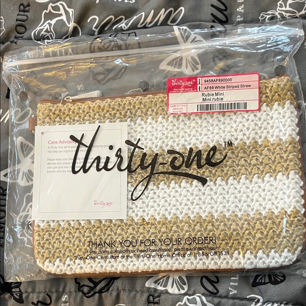Thirty-One Tan and White Striped Pouch